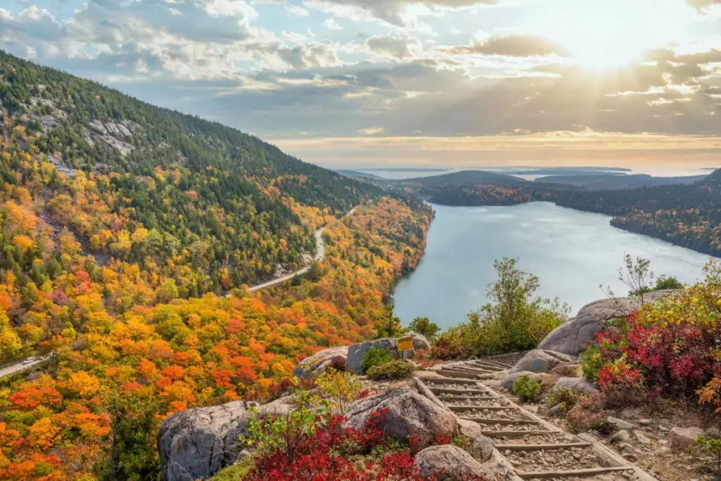 Park Loop Road curving above Jordan Pond in Acadia in autumn colour