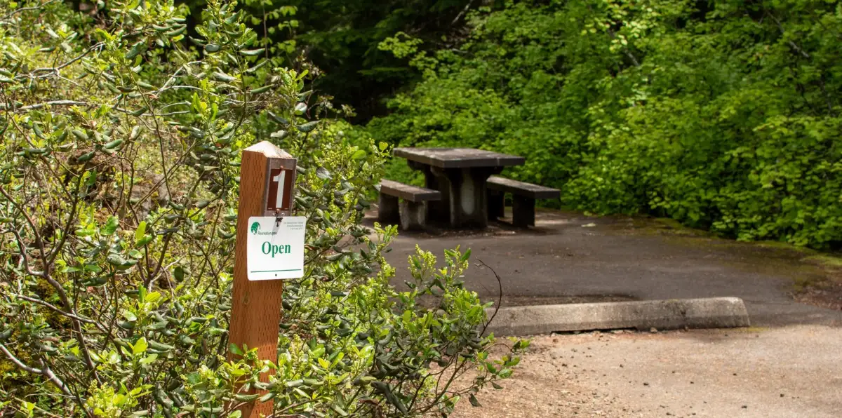 Recreation.gov Open sign on a post at a vacant reservable campsite with picnic table