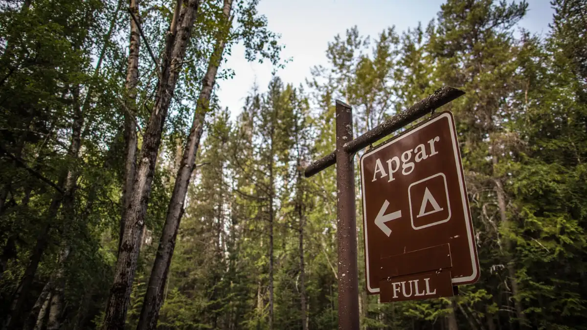 A hanging brown campground sign at Glacier National Park reading Apgar Campground Full.