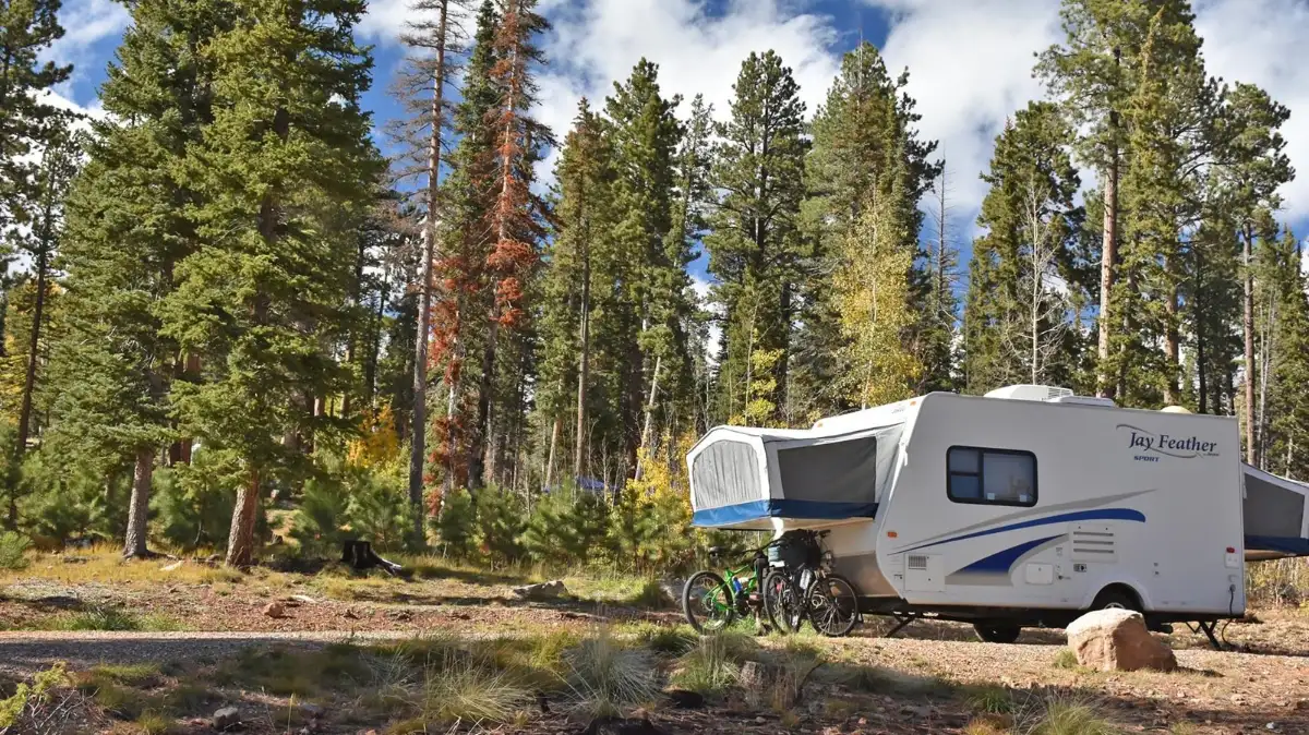 A travel trailer parked on a campsite surrounded by tall ponderosa pines at Mather Campground, Grand Canyon National Park.