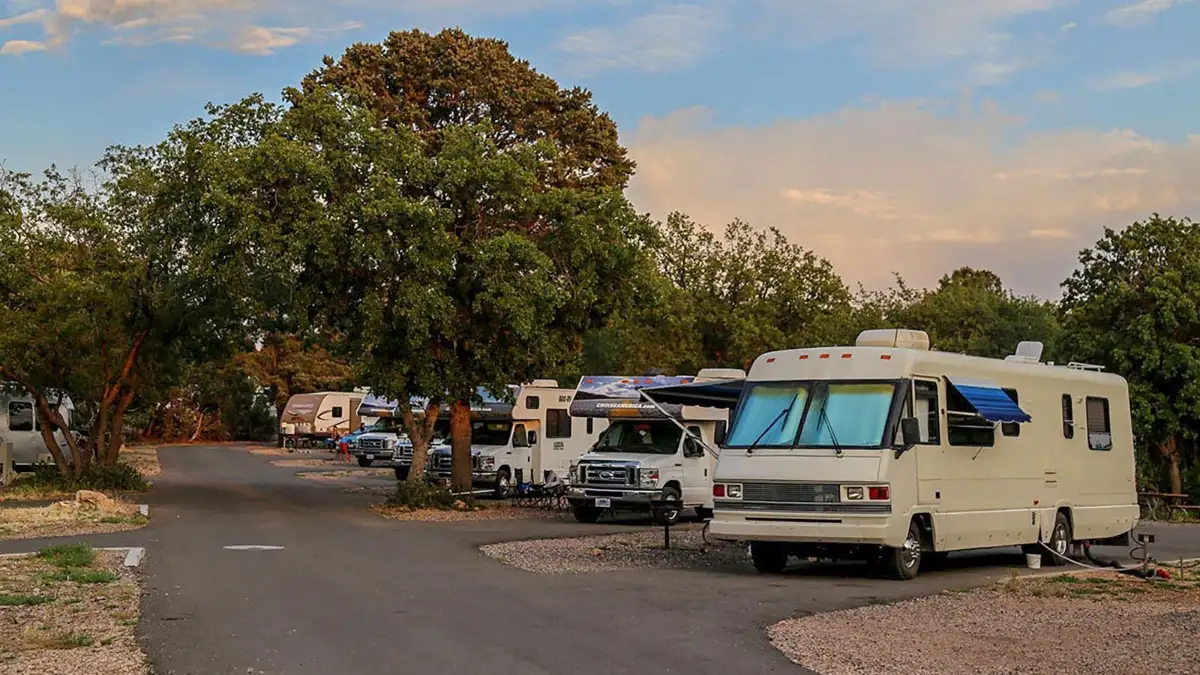 A row of recreational vehicles parked on paved pull-through pads at Trailer Village RV Park, Grand Canyon National Park.