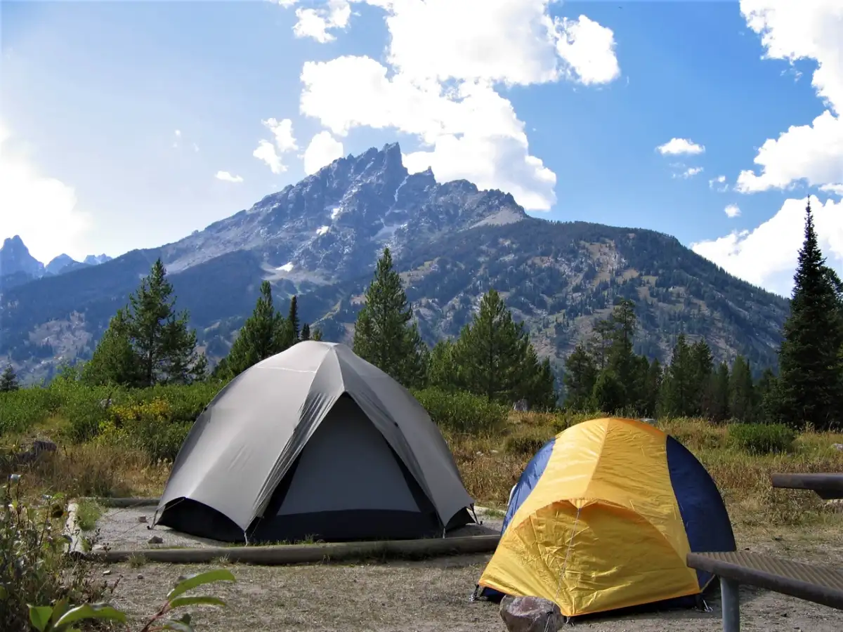 A Grand Teton National Park campground with the Teton Range rising directly behind the sites.