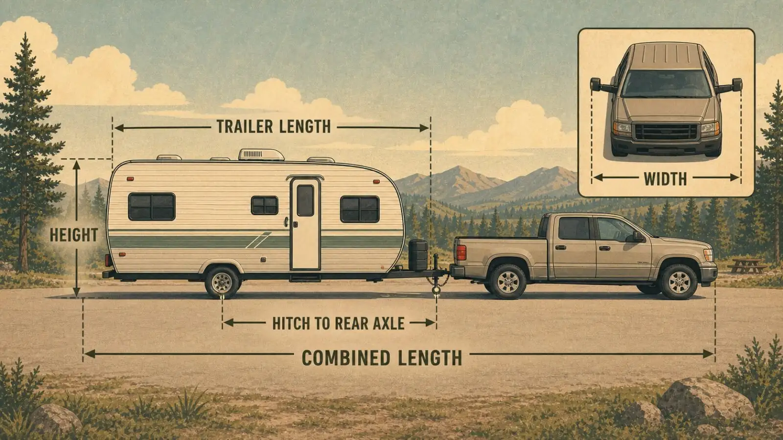 Diagram of an unbranded truck and travel trailer with measurement callouts for combined length, trailer length, width at mirrors, height, and hitch-to-rear-axle length.