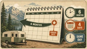 Illustration of a calendar with a six-month rolling arrow and clocks showing six-month, four-day, and same-day campground booking windows.