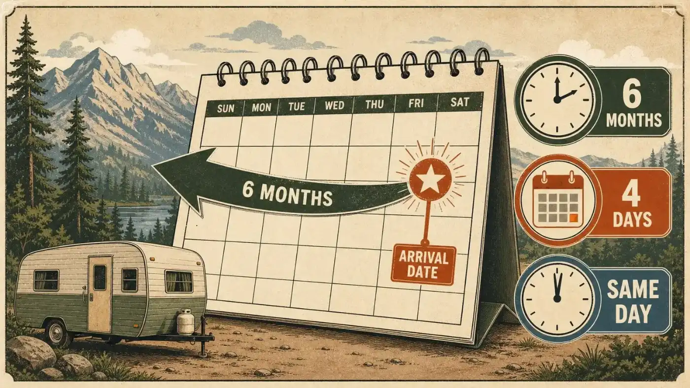 Illustration of a calendar with a six-month rolling arrow and clocks showing six-month, four-day, and same-day campground booking windows.