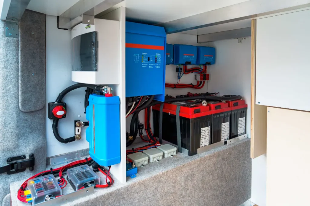 RV electrical bay with an inverter-charger, three lithium batteries, a battery switch and fused distribution blocks