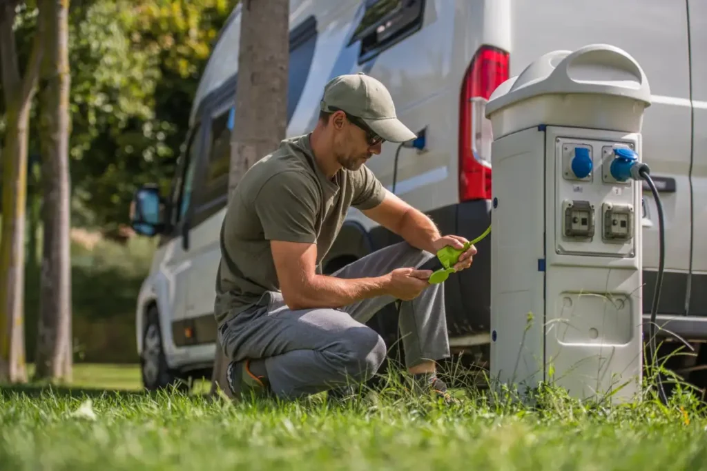 Camper plugging a shore power cord into a campground electrical pedestal beside an RV