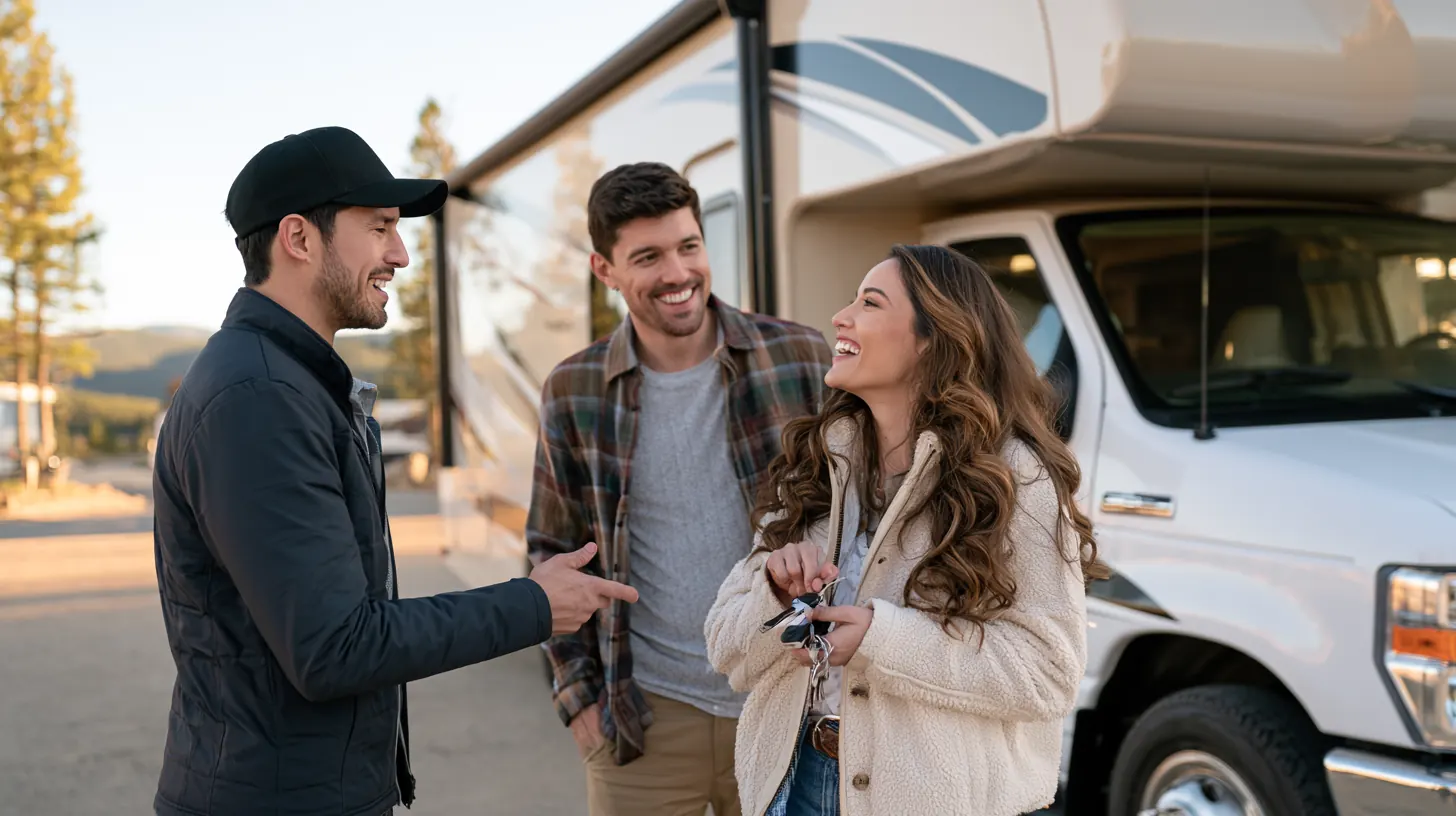 Renter receiving keys beside a Class C rental motorhome during vehicle handover