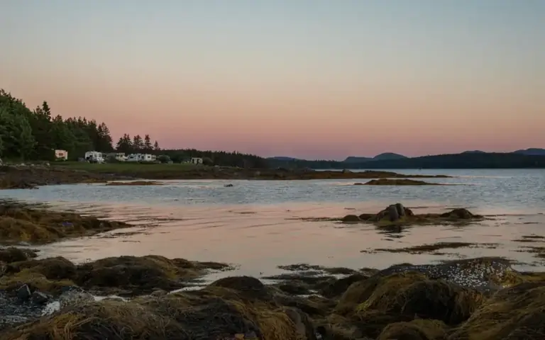 An RV campsite overlooking the Maine coast at sunset in Acadia National Park