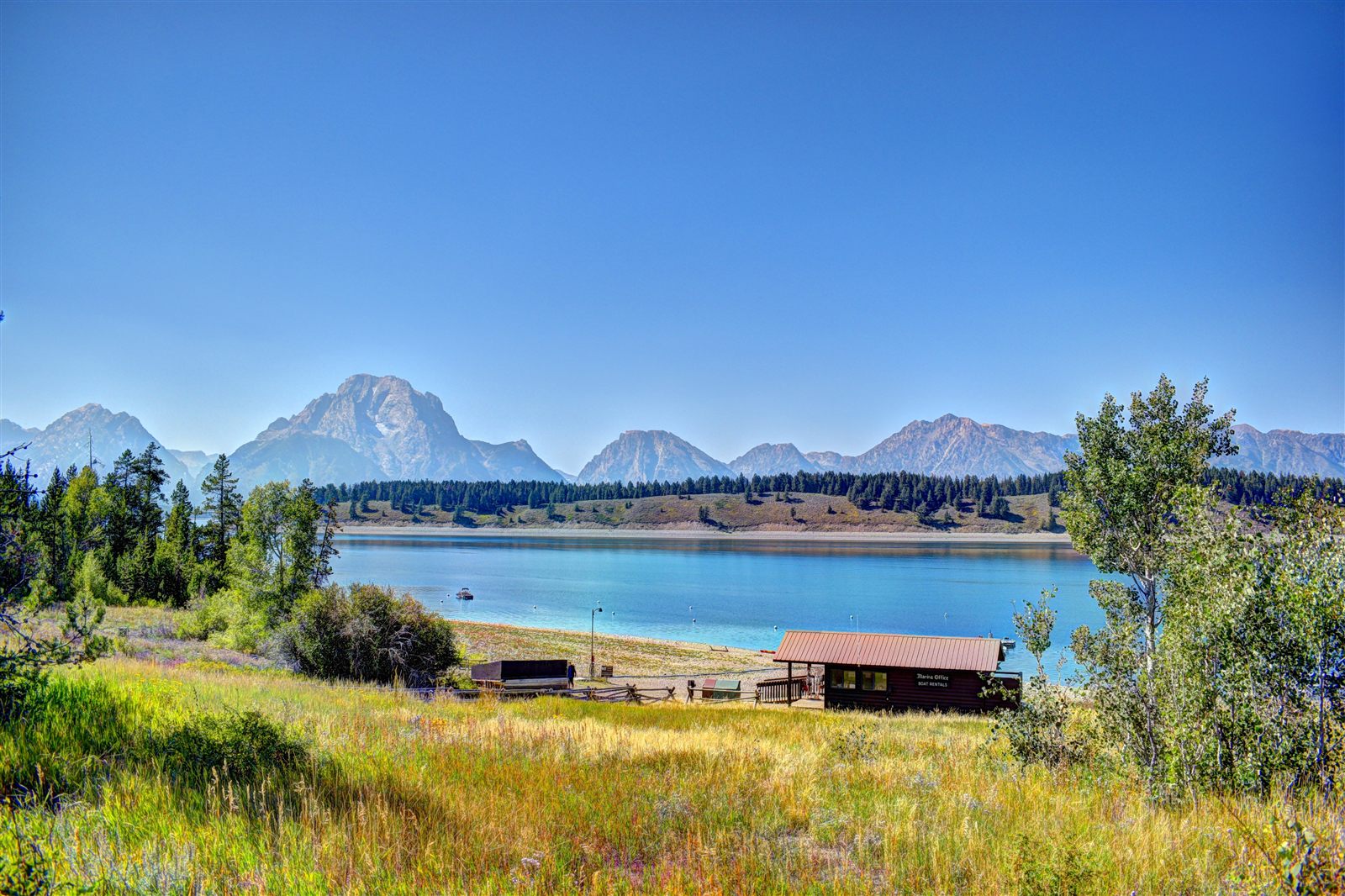 Jackson Lake with the Teton Range beyond a marina