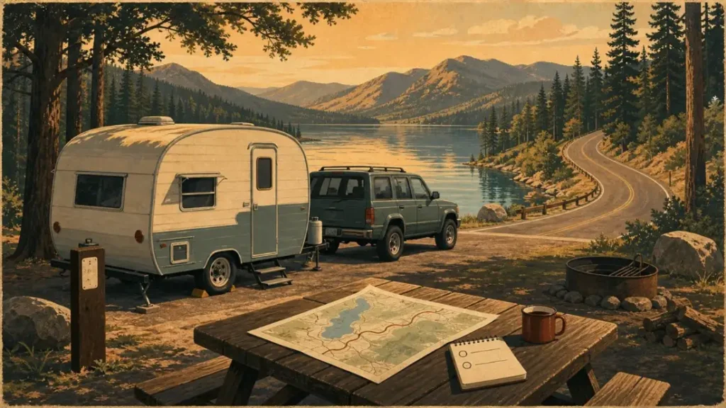 Editorial illustration of a small travel trailer at a lakeside campground with a route map and a two-night planning card