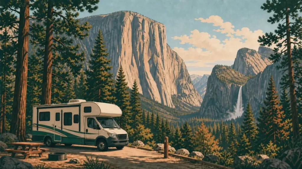 Editorial illustration of an RV at a Yosemite Valley campground with granite walls behind